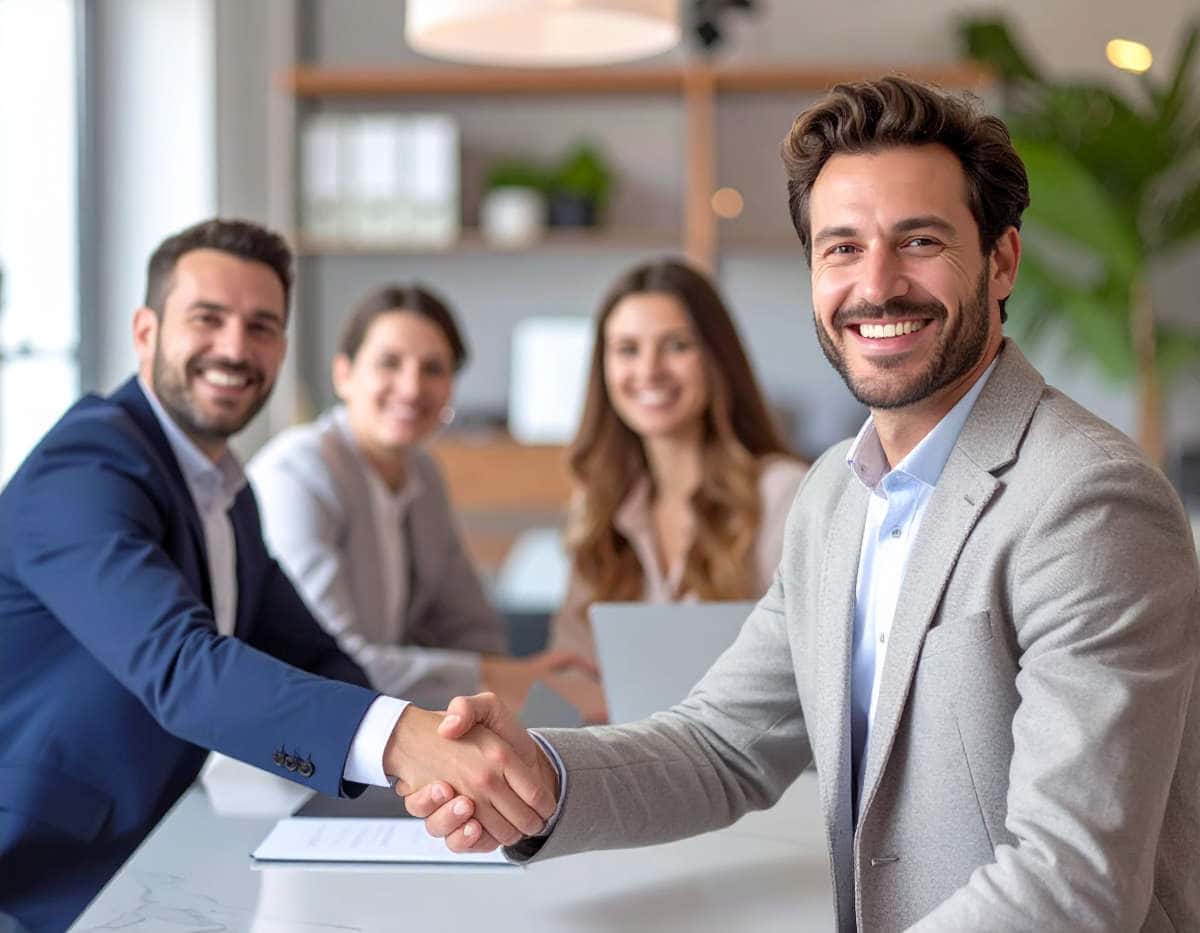 Stretta di mano tra professionisti in ufficio &ndash; simbolo di accordo per cessione crediti fiscali