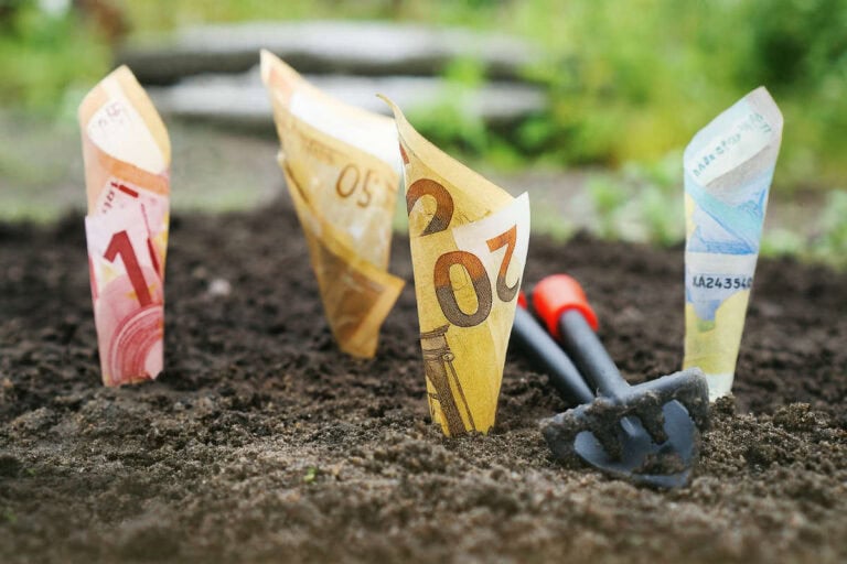 Crowdlending per PMI. Banconote in euro piantate nel terreno come semi: simbolo del crowdlending per PMI, un modello di finanziamento alternativo per la crescita delle imprese.