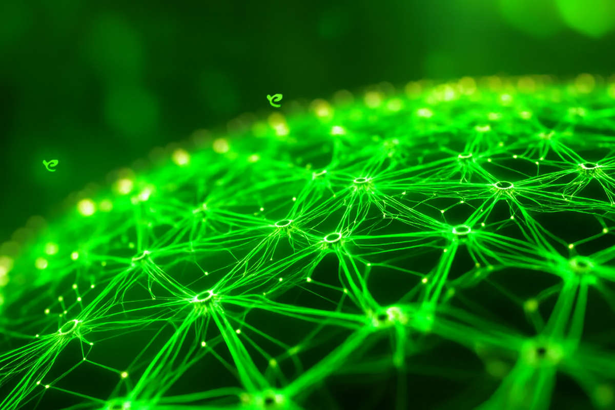 Rete digitale verde che simboleggia la Transizione 5.0, connessa a innovazione, sostenibilit&agrave;, energia e tecnologia per le imprese.