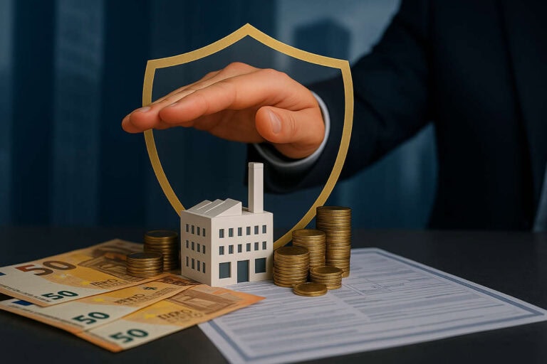 Aumenti bancari su conti e mutui. Foto corporate che illustra la protezione finanziaria delle imprese: modellino azienda, euro, monete e documenti sotto scudo dorato.