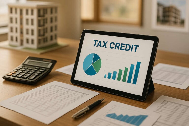 Scrivania moderna con tablet, documenti finanziari e modello architettonico sullo sfondo, dedicata alla cessione del credito fiscale.