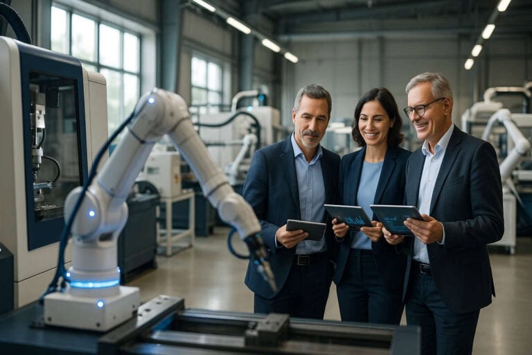 Professionisti italiani osservano un robot industriale in una fabbrica moderna, simbolo dei finanziamenti PMI 2026 e dell&rsquo;innovazione industriale.