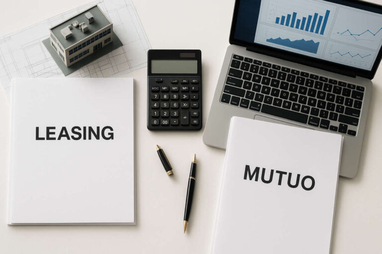 Scrivania d&rsquo;ufficio con documenti contrassegnati &ldquo;Leasing&rdquo; e &ldquo;Mutuo&rdquo;, laptop e calcolatrice per valutare un leasing o mutuo aziendale.