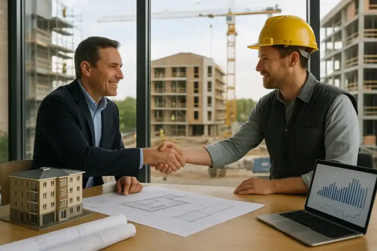 Crowdlending immobiliare &ndash; investitore e imprenditore edile si stringono la mano davanti a planimetrie e cantiere attivo.