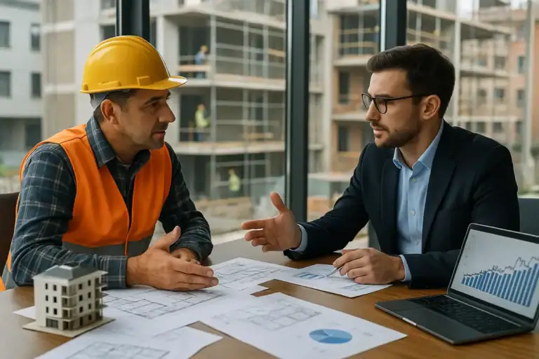 Crowdlending per le imprese edili &ndash; Un consulente e un imprenditore edile analizzano planimetrie e dati in un ufficio con vista su cantiere attivo.