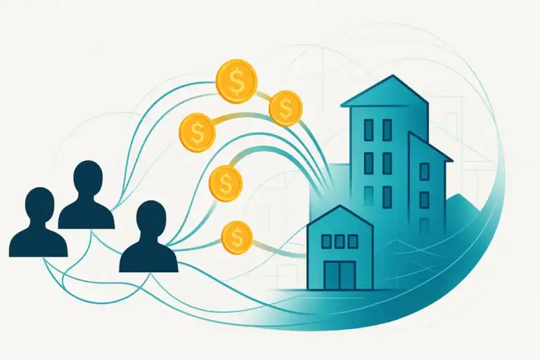 Guida al crowdlending &ndash; illustrazione astratta che mostra persone collegate a progetti immobiliari tramite flussi di capitale stilizzati.