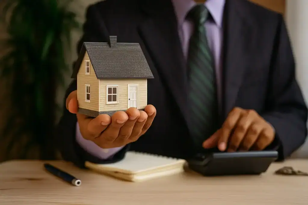 prestiti ponte e crescita aziendale raffigurati da figura che sale gradini di legno sostenuti da una mano in abito elegante