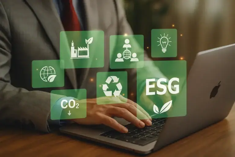 Consulenza ESG con icone di sostenibilità e governance visualizzate mentre un manager lavora al laptop.