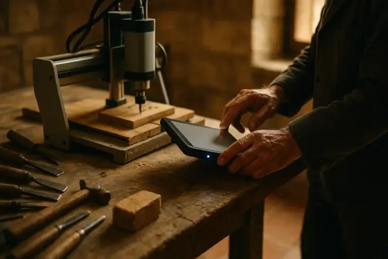 bando più artigianato sicilia – mani di un maestro artigiano che usa una CNC digitale su banco da lavoro tradizionale in una bottega siciliana illuminata dalla luce naturale.