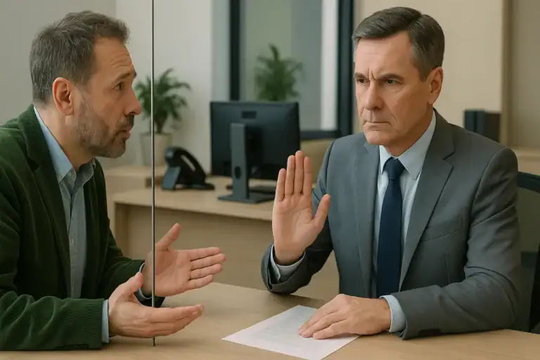 Credito PMI bloccato imprenditore discute con un funzionario bancario durante un confronto su una richiesta di finanziamento respinta.