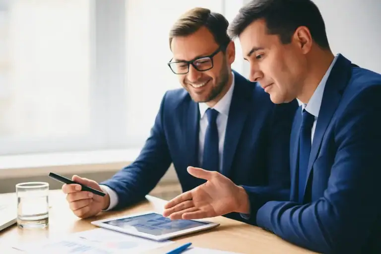 mediazione creditizia digitale consulenti finanziari analizzano dati su tablet durante una consulenza professionale in ufficio