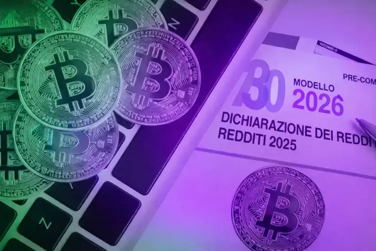 DAC8 criptovalute e dichiarazione dei redditi 2025 con bitcoin su tastiera e modello 730.