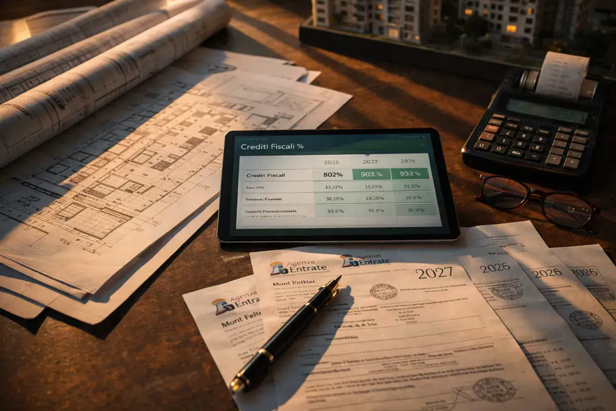 GrifoFinance e cessione crediti fiscali: tablet con analisi percentuali su scrivania con planimetrie edili e documenti Agenzia Entrate.