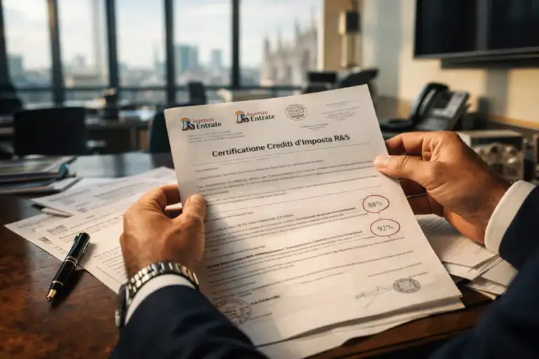 Cessione crediti fiscali 2026: professionista esamina certificazione Agenzia Entrate con valutazioni 88% e 92% per crediti R&S.