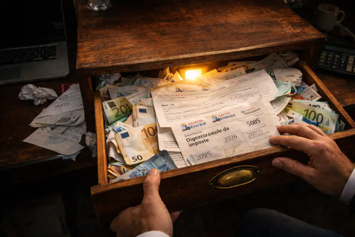 Crediti fiscali bloccati nel cassetto con documenti Agenzia Entrate e banconote euro.