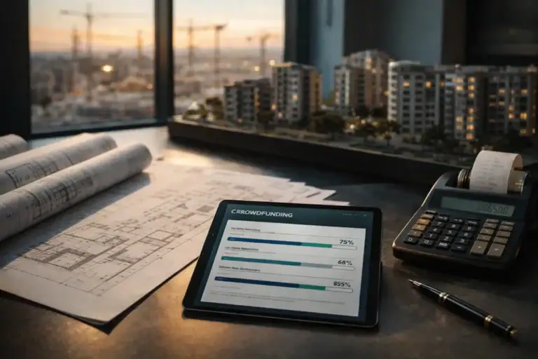 Crowdlending immobiliare: tablet con piattaforma di finanziamento, planimetrie architettoniche e calcolatrice su scrivania con vista cantiere.