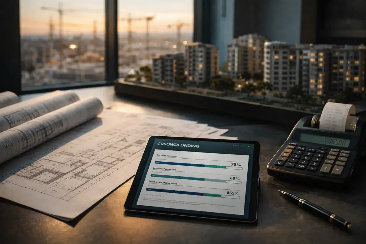 Crowdlending immobiliare: tablet con piattaforma di finanziamento, planimetrie architettoniche e calcolatrice su scrivania con vista cantiere.