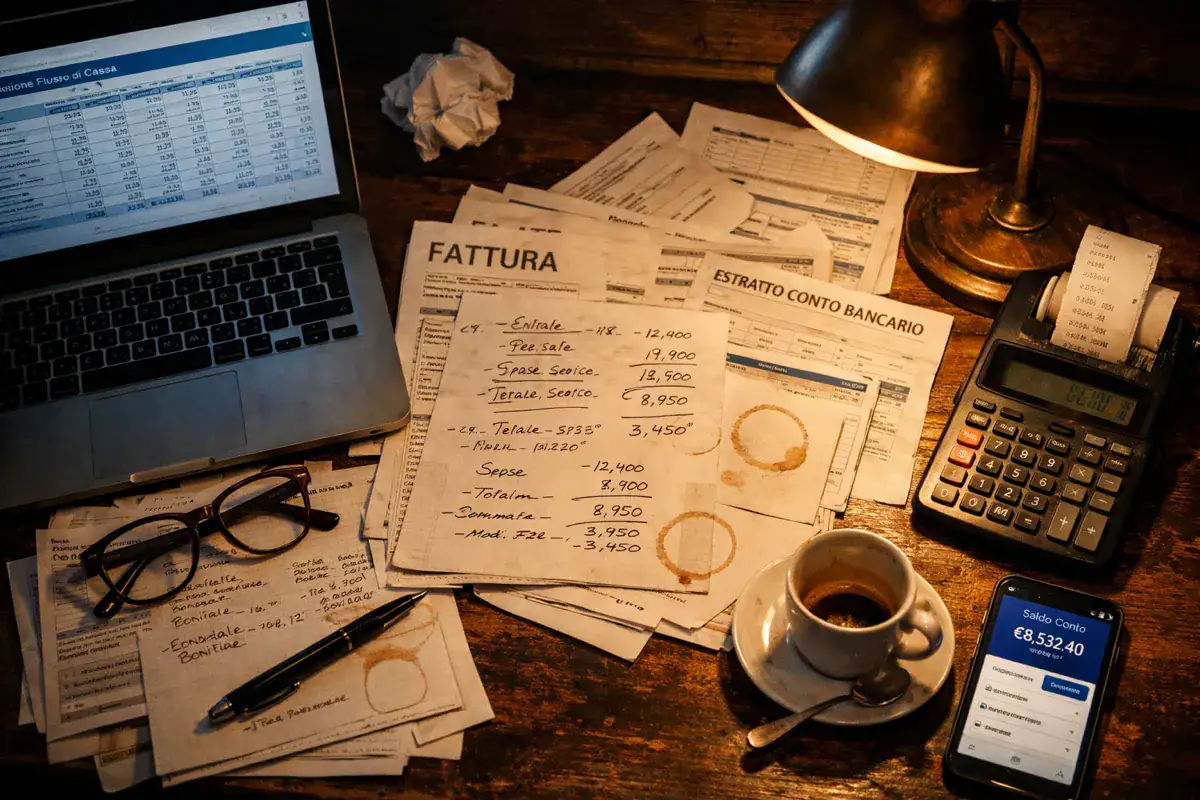 Pianificazione finanziaria PMI: scrivania con budget di cassa, fatture italiane, calcolatrice e documenti contabili.