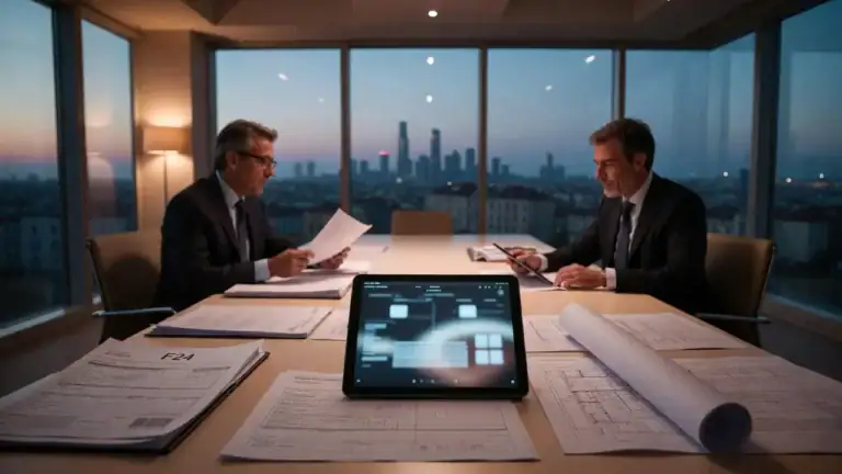 Cessione crediti fiscali 2026 &ndash; professionisti analizzano documenti fiscali e modello F24 in sala riunioni con tablet e skyline urbano sullo sfondo.