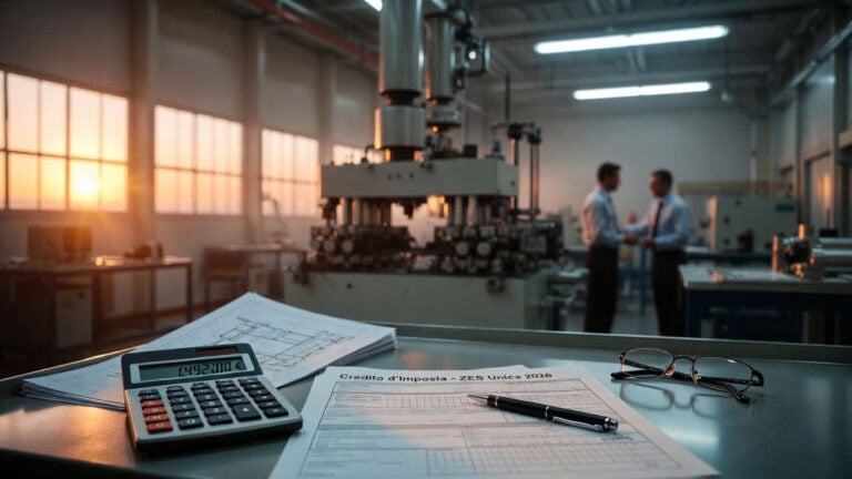 Credito d'imposta ZES unica 2026: modulo di domanda su banco industriale con calcolatrice e macchinari sullo sfondo