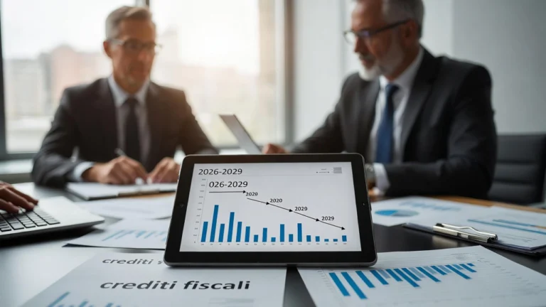 Valutazione crediti fiscali 2026-2029: consulenti analizzano flussi pluriennali su tablet e documenti fiscali in sala riunioni.