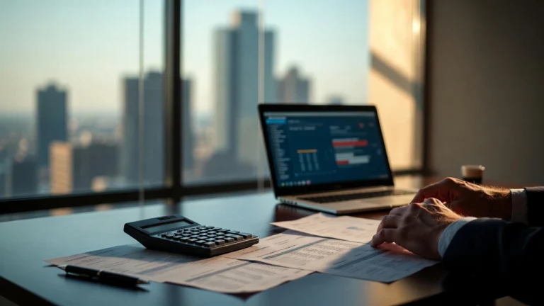 Banche ferme sui crediti fiscali: manager analizza documenti fiscali e dashboard finanziaria su laptop in ufficio con skyline sullo sfondo.