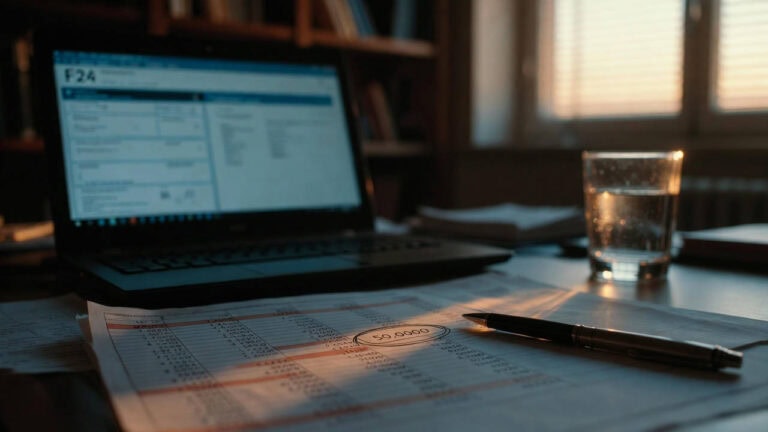 Compensazione F24 soglia 50000 euro: scrivania con modulo F24 su laptop, foglio di calcolo con cifra cerchiata e penna.