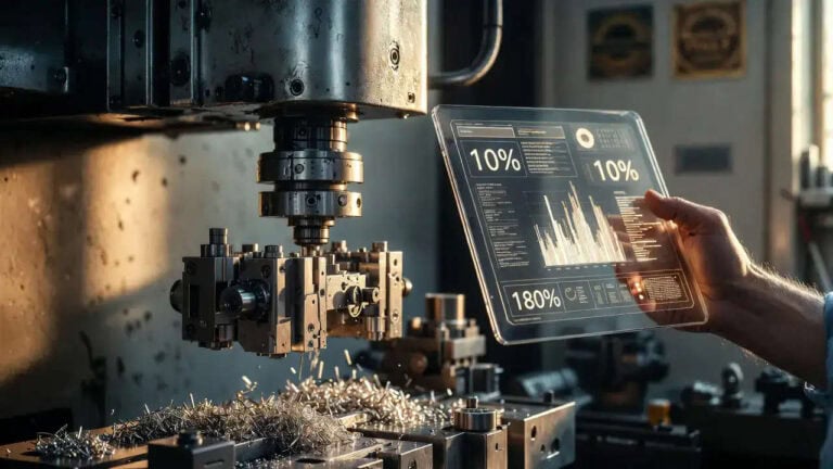 Crediti imposta ricerca sviluppo 2026: macchina CNC in lavorazione con tablet che mostra percentuali agevolazioni fiscali 10% e 180%.