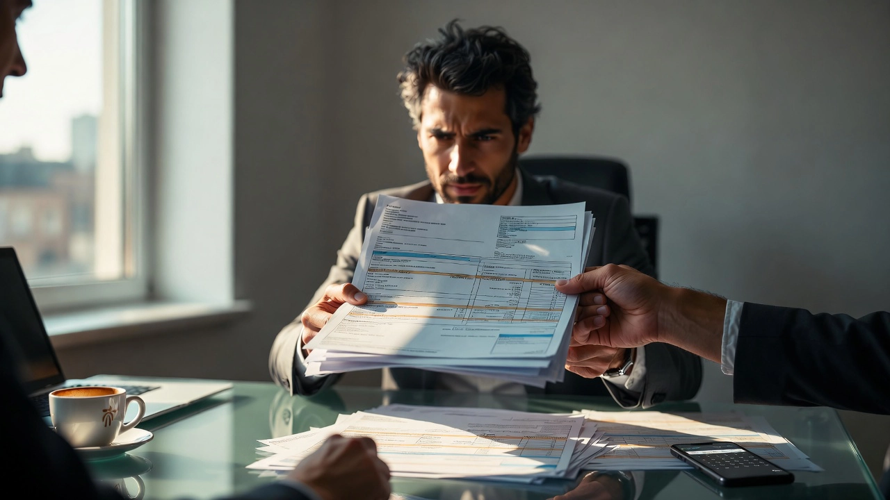 Credito commerciale bloccato: imprenditore mostra fatture insolute durante riunione bancaria.