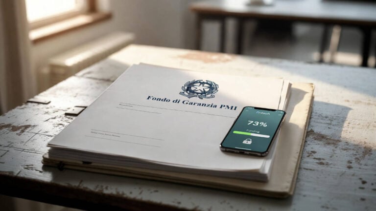 Crowdlending con garanzia statale: documento del Fondo di Garanzia PMI con stemma della Repubblica Italiana e smartphone con interfaccia fintech al 73% di funding.