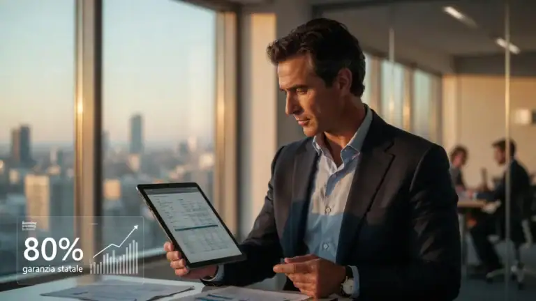 Crowdlending garanzia statale: imprenditore italiano analizza finanziamento digitale con copertura 80% Fondo PMI su tablet in ufficio moderno Milano.