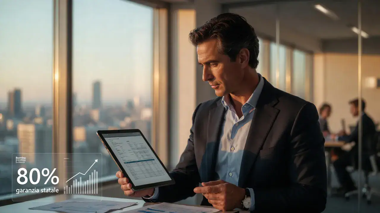 Crowdlending garanzia statale: imprenditore italiano analizza finanziamento digitale con copertura 80% Fondo PMI su tablet in ufficio moderno Milano.