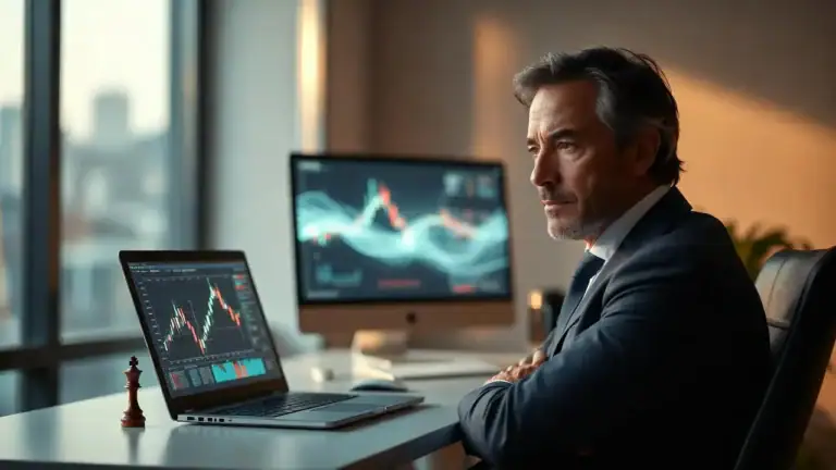 Intelligenza artificiale e consulente finanziario: professionista in abito scuro osserva grafici finanziari su laptop con pezzo degli scacchi sul tavolo.