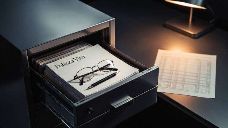 Polizza vita ramo I riscatto anticipato: cassetto archivio aperto con documento, occhiali e penna su scrivania moderna