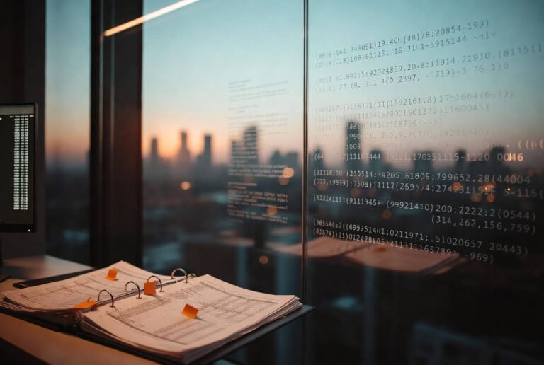 Obblighi antiriciclaggio per intermediari creditizi: raccoglitore con documenti annotati e flag arancioni su scrivania di ufficio compliance, con skyline urbano al tramonto e codici normativi su vetrata.