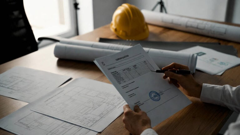 certificazione SOA bonus edilizi verifica di un documento di qualificazione da parte di un tecnico prima della firma di un contratto per lavori edilizi con piani di costruzione sul tavolo