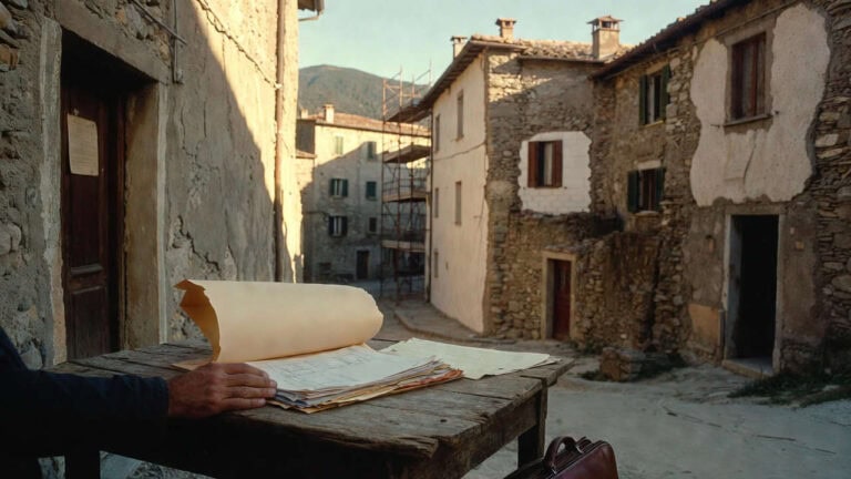 Cessione credito superbonus zone sismiche: mano su documenti tecnici in un borgo del Centro Italia parzialmente ricostruito.