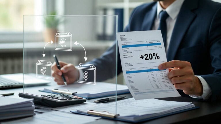 Come funziona la cessione del quinto: dipendente analizza una busta paga con trattenuta del 20% evidenziata su una scrivania con documenti finanziari