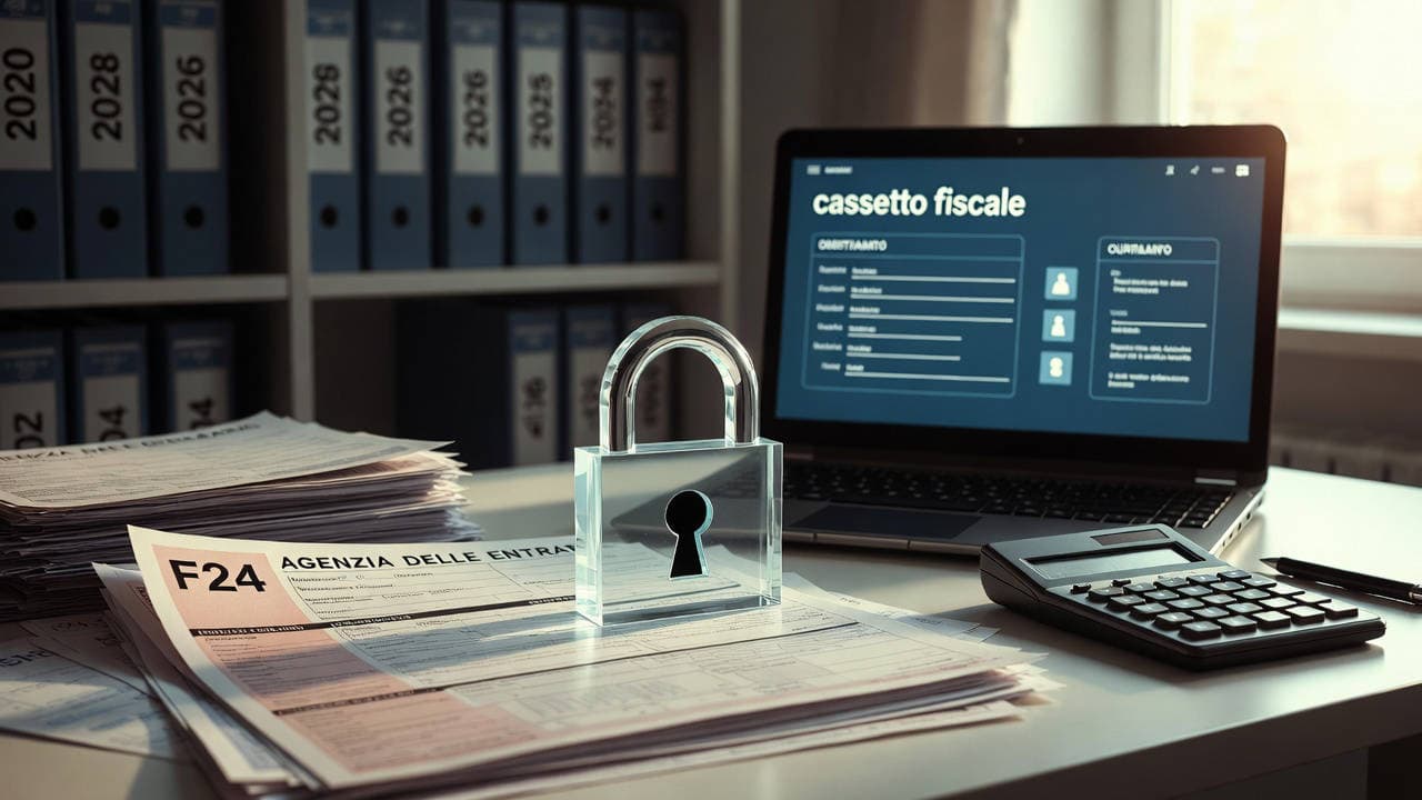 crediti edilizi nel cassetto fiscale bloccati rappresentati da documenti F24 sotto un lucchetto su una scrivania con laptop e calcolatrice