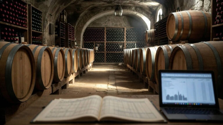 crisi di liquidità delle cantine italiane: cantina vinicola con barrique e bottiglie mentre un registro contabile e un computer mostrano dati finanziari
