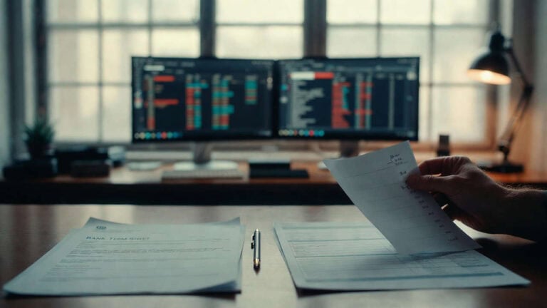 Crowdlending vs banca per PMI: mano che confronta documenti finanziari su scrivania con doppio monitor e dati di analisi creditizia sullo sfondo.