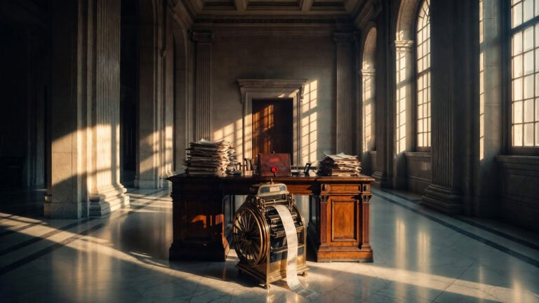 Fondi di private credit: sala bancaria monumentale vuota con documenti bloccati e ticker tape