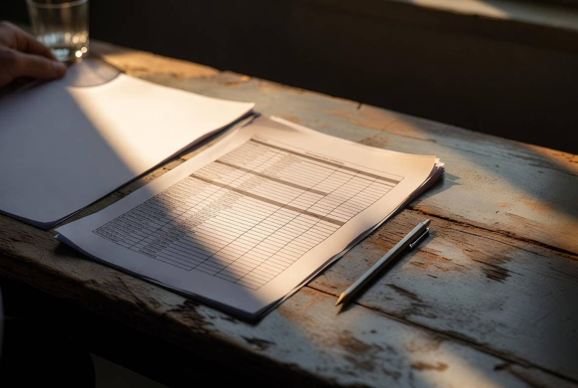 Metodo di valutazione finanziaria: documento strutturato su scrivania con luce naturale.
