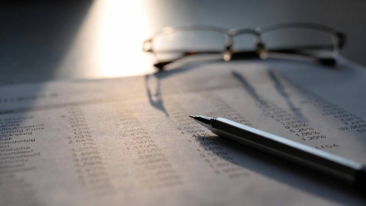 Migliori gestori fondi 2026: report con rendimenti percentuali, penna e occhiali su tavolo