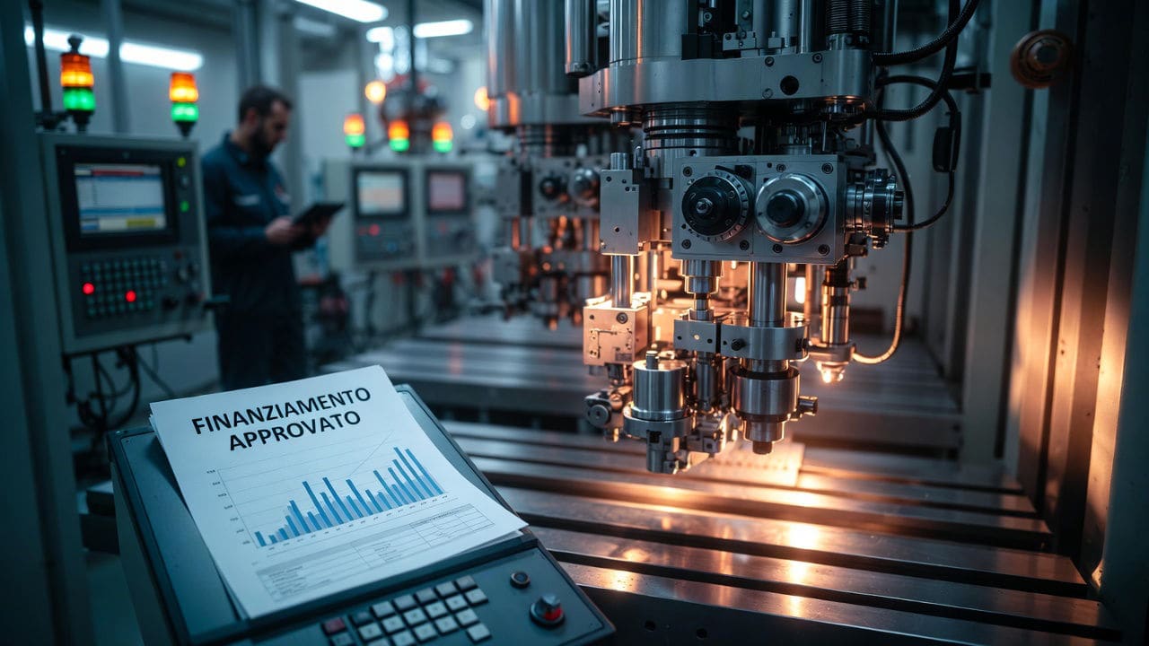 nuova sabatini e iperammortamento: centro di lavoro CNC in officina industriale italiana con documento di finanziamento approvato sul pannello di controllo