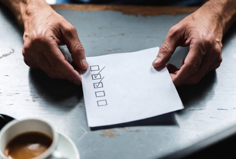 Posso richiedere la cessione del quinto? Mani maschili tengono un foglio con checklist parzialmente compilata su un tavolo consumato, tazza di caff&egrave; sullo sfondo.
