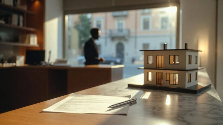 Tasso mutui febbraio 2026: documento di mutuo su scrivania con modellino di abitazione e silhouette di consulente bancario.