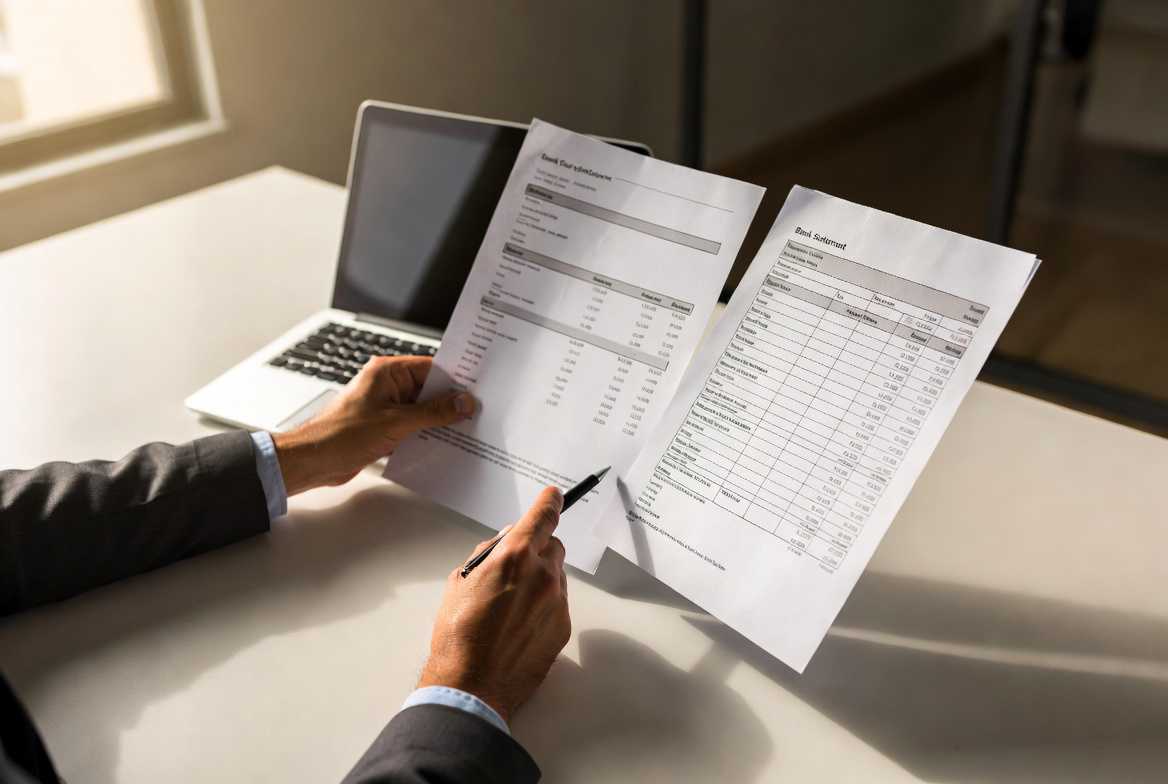 Costo reale del credito a breve. Consulenza liquidità aziendale: professionista esamina due documenti bancari con penna in mano, laptop sullo sfondo