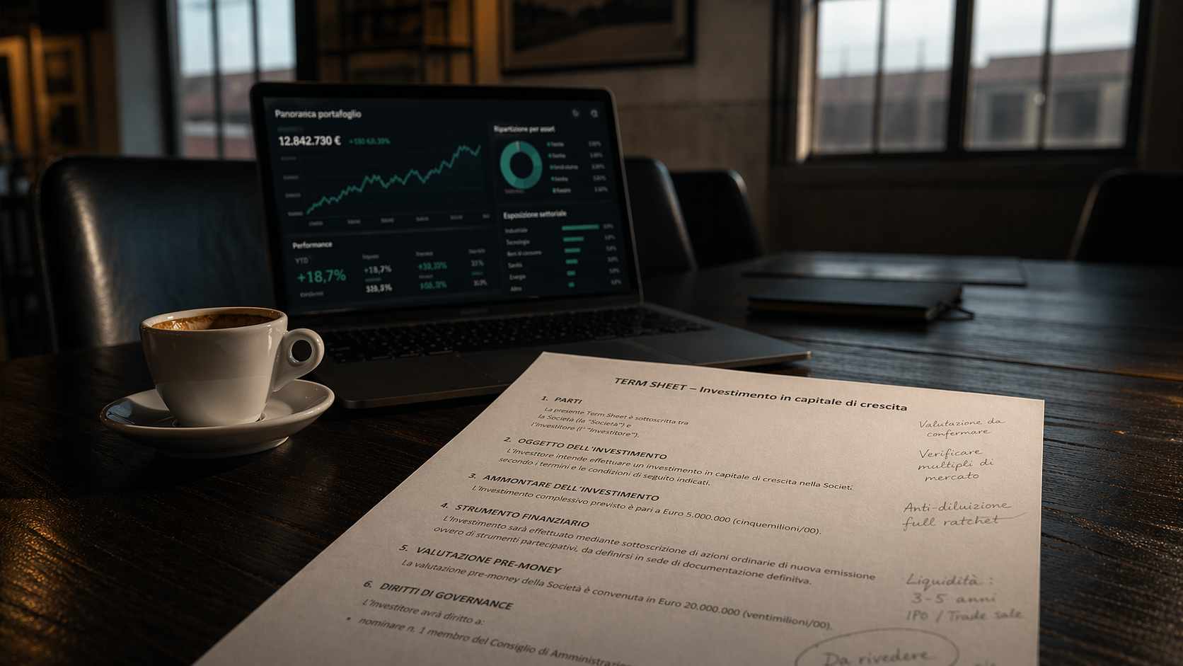 Documento term sheet per equity crowdfunding PMI su tavolo con laptop e dashboard finanziaria