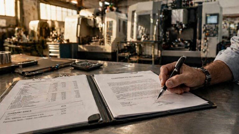 Leasing operativo o finanziario per le PMI: firma contratto su banco officina CNC con documenti finanziari
